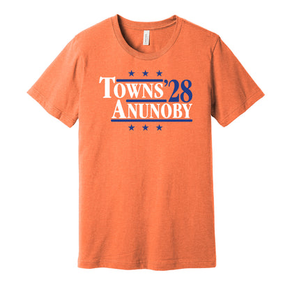 New York Knicks retro political campaign parody orange t-shirt featuring Karl-Anthony Towns and OG Anunoby '28, designed in a vintage election style by Hyper Than Hype Shirts.