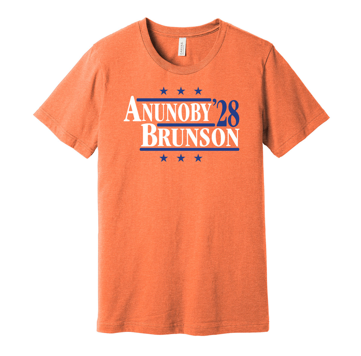 New York Knicks retro political campaign parody orange t-shirt featuring Jalen Brunson and OG Anunoby '28, designed in a vintage election style by Hyper Than Hype Shirts.