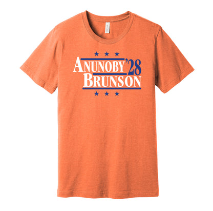 New York Knicks retro political campaign parody orange t-shirt featuring Jalen Brunson and OG Anunoby '28, designed in a vintage election style by Hyper Than Hype Shirts.