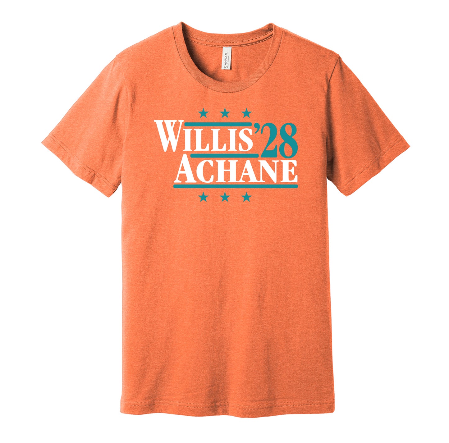 Miami Dolphins retro political campaign parody orange t-shirt featuring Malik Willis and De'Von Achane '28, designed in a vintage election style by Hyper Than Hype Shirts.