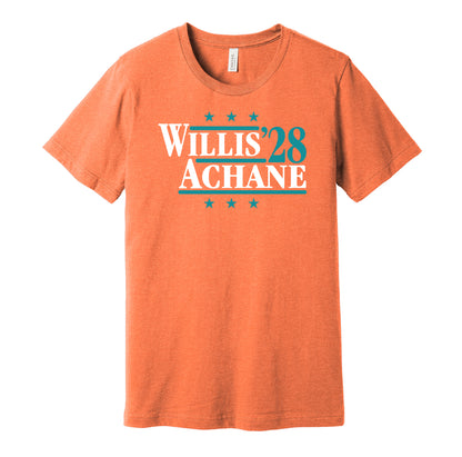 Miami Dolphins retro political campaign parody orange t-shirt featuring Malik Willis and De'Von Achane '28, designed in a vintage election style by Hyper Than Hype Shirts.