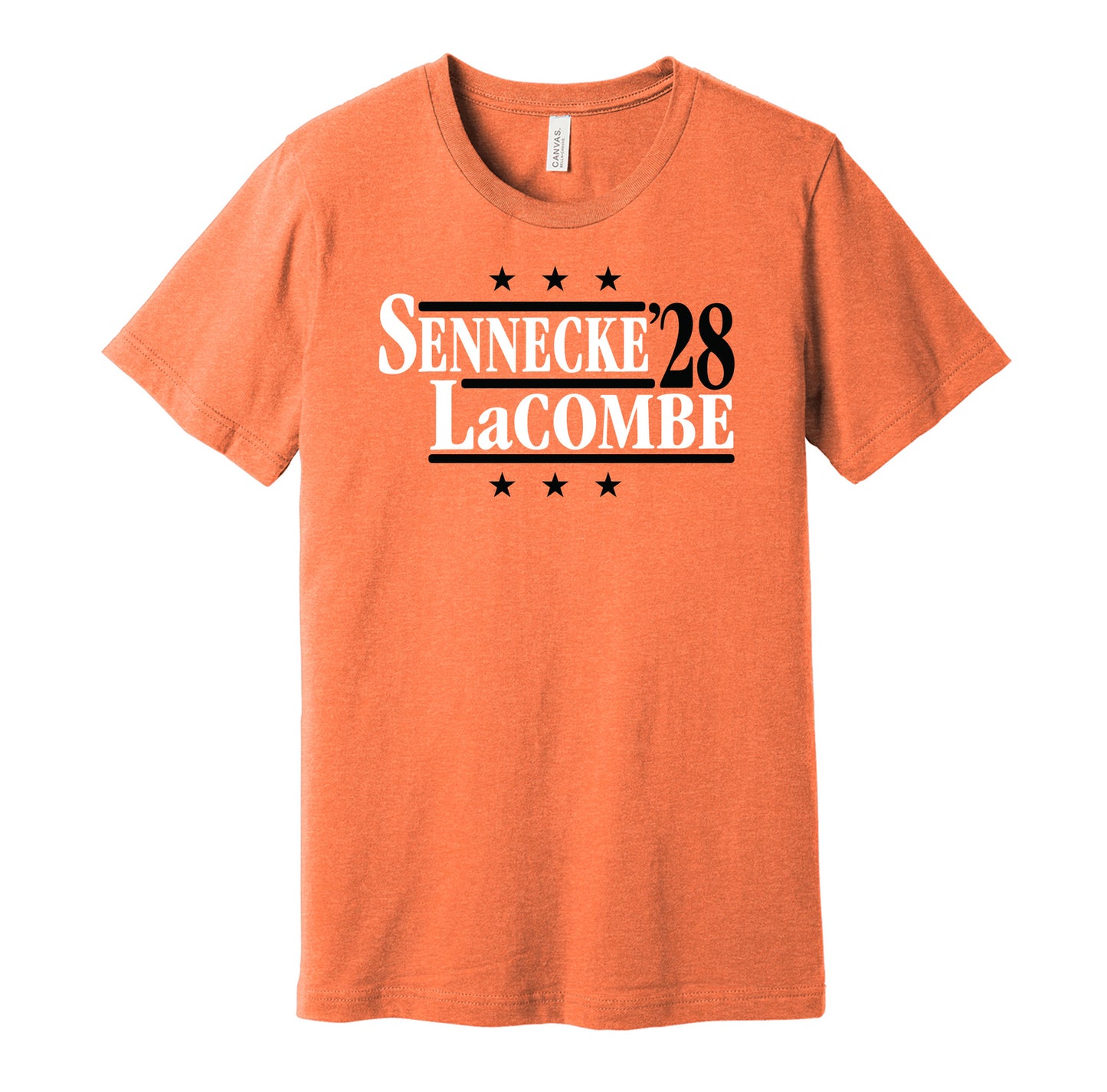 Anaheim Ducks retro political campaign parody orange t-shirt featuring Beckett Sennecke and Jackson LaCombe '28, designed in a vintage election style by Hyper Than Hype Shirts.