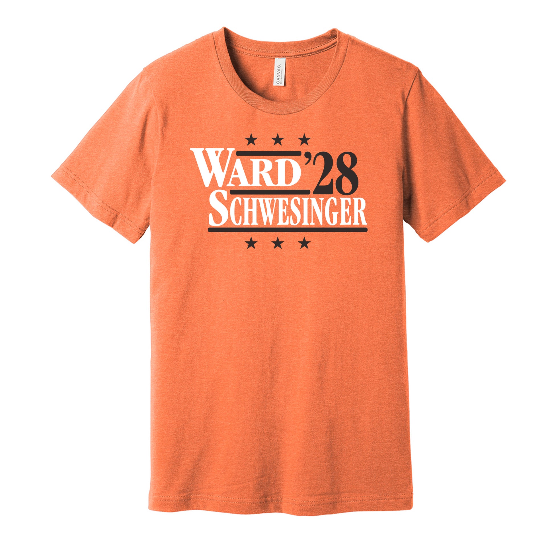 Cleveland Browns retro political campaign parody orange t-shirt featuring Denzel Ward and Carson Schwesinger '28, designed in a vintage election style by Hyper Than Hype Shirts.