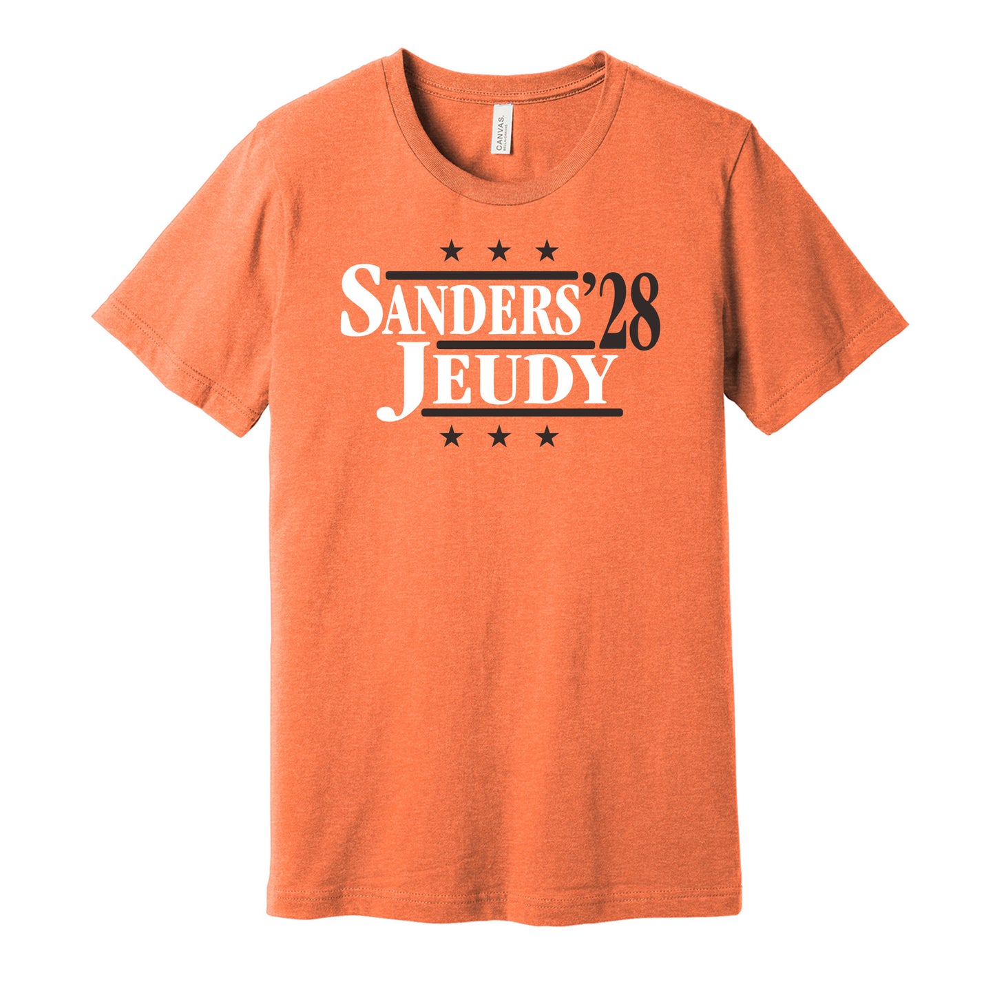 Cleveland Browns retro political campaign parody orange t-shirt featuring Shedeur Sanders and Jerry Jeudy '28, designed in a vintage election style by Hyper Than Hype Shirts.