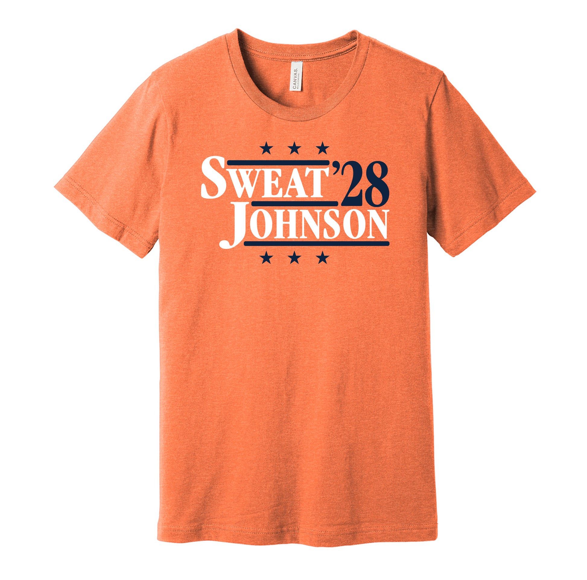Chicago Bears retro political campaign parody orange t-shirt featuring Montez Sweat and Jaylon Johnson '28, designed in a vintage election style by Hyper Than Hype Shirts.