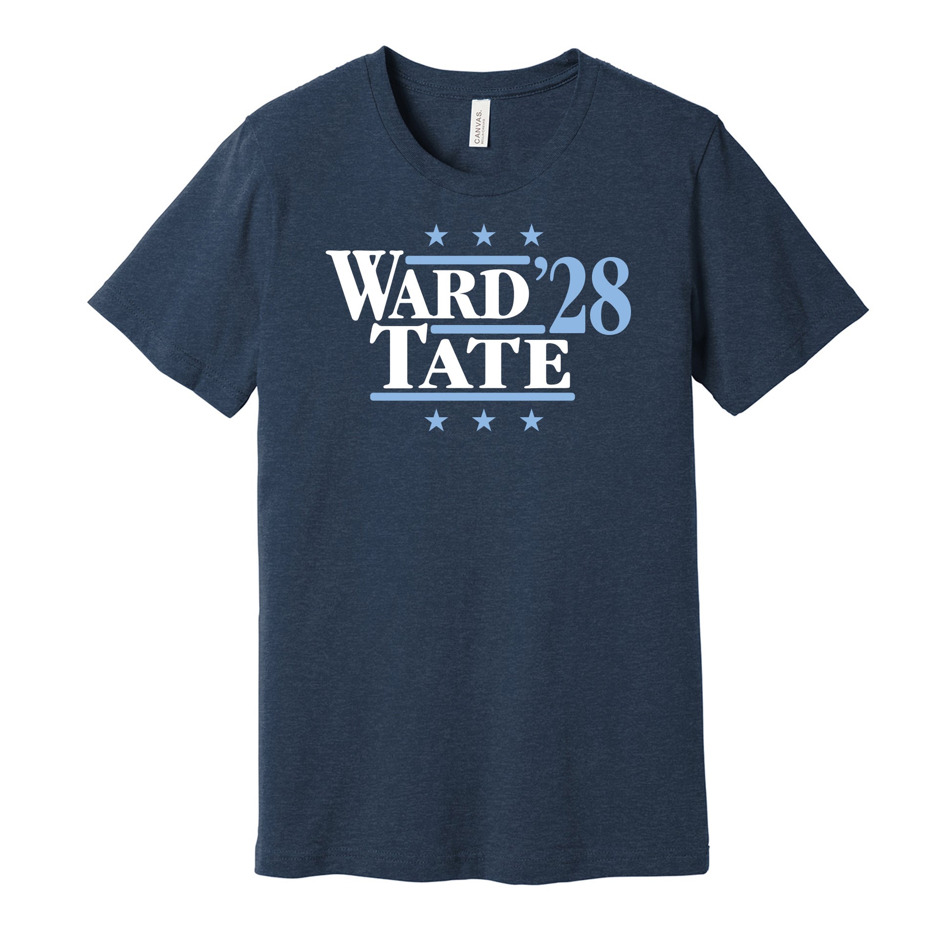 Tennessee Titans retro political campaign parody navy t-shirt featuring Cam Ward and Carnell Tate '28, designed in a vintage election style by Hyper Than Hype Shirts.