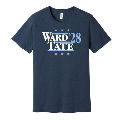 Tennessee Titans retro political campaign parody navy t-shirt featuring Cam Ward and Carnell Tate '28, designed in a vintage election style by Hyper Than Hype Shirts.