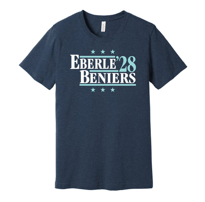 Seattle Kraken retro political campaign parody navy blue t-shirt featuring Jordan Eberle and Matty Beniers '28, designed in a vintage election style by Hyper Than Hype Shirts.