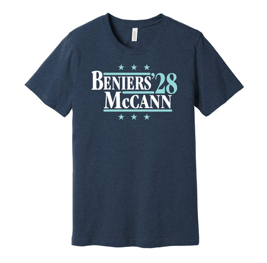 Seattle Kraken retro political campaign parody navy t-shirt featuring Matty Beniers and Jared McCann '28, designed in a vintage election style by Hyper Than Hype Shirts.