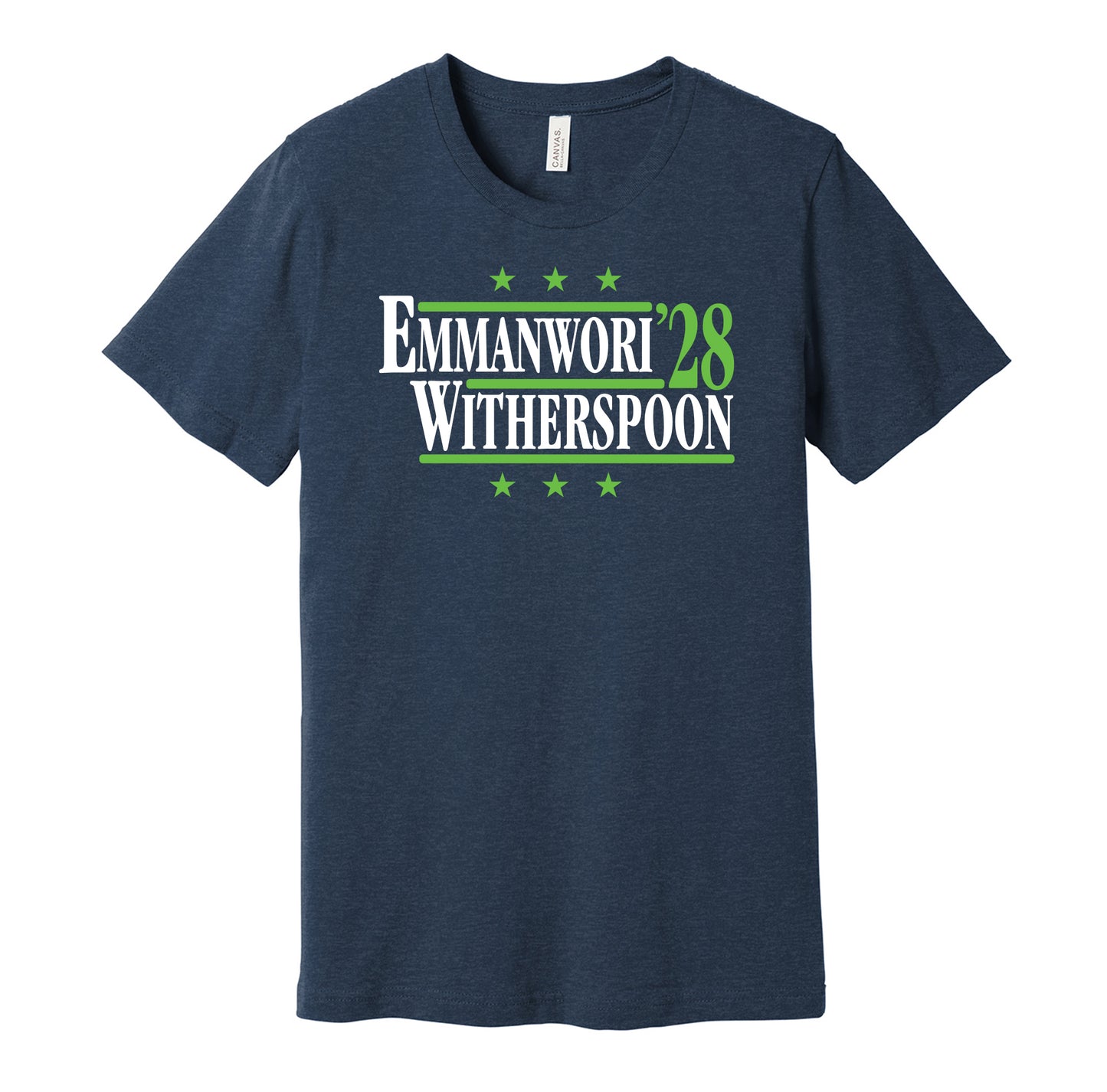 Seattle Seahawks retro political campaign parody navy t-shirt featuring Nick Emmanwori and Devon Witherspoon '28, designed in a vintage election style by Hyper Than Hype Shirts.