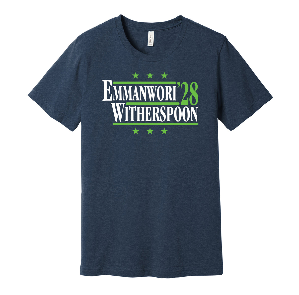 Seattle Seahawks retro political campaign parody navy t-shirt featuring Nick Emmanwori and Devon Witherspoon '28, designed in a vintage election style by Hyper Than Hype Shirts.