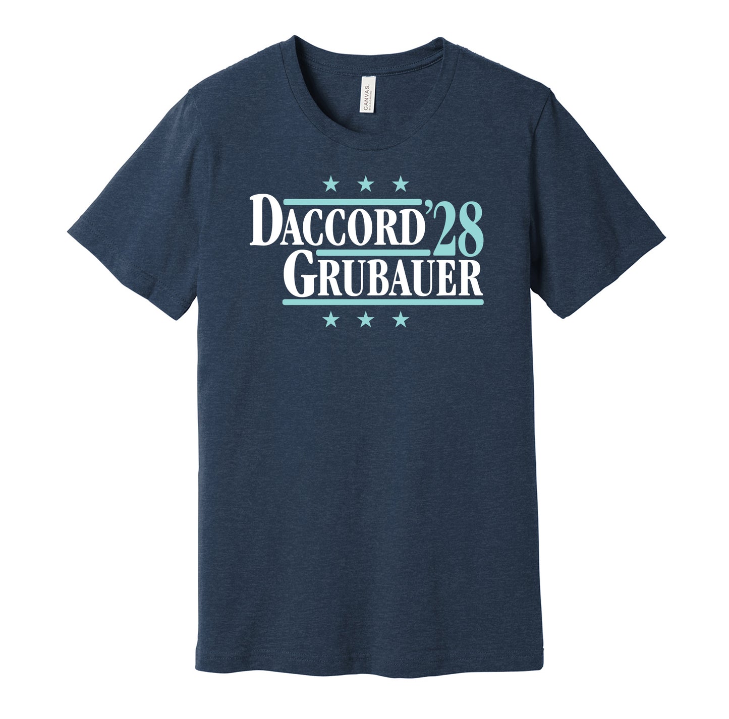 Seattle Kraken retro political campaign parody navy t-shirt featuring Joey Daccord and Philipp Grubauer '28, designed in a vintage election style by Hyper Than Hype Shirts.