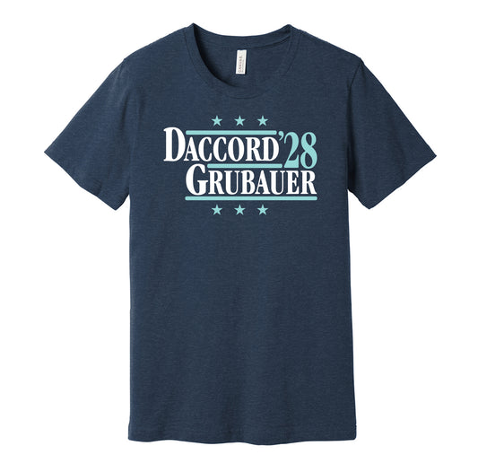 Seattle Kraken retro political campaign parody navy t-shirt featuring Joey Daccord and Philipp Grubauer '28, designed in a vintage election style by Hyper Than Hype Shirts.