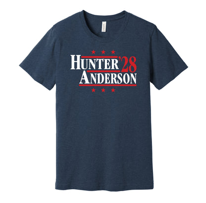 Houston Texans retro political campaign parody navy blue t-shirt featuring Danielle Hunter and Will Anderson Jr. '28, designed in a vintage election style by Hyper Than Hype Shirts.