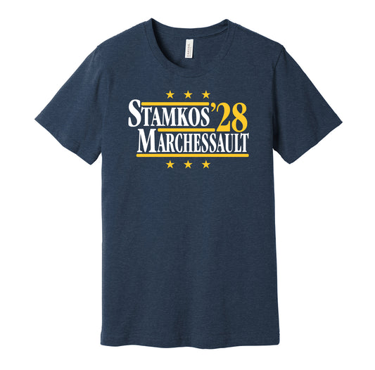 Nashville Predators retro political campaign parody navy t-shirt featuring Steven Stamkos and Jonathan Marchessault '28, designed in a vintage election style by Hyper Than Hype Shirts.