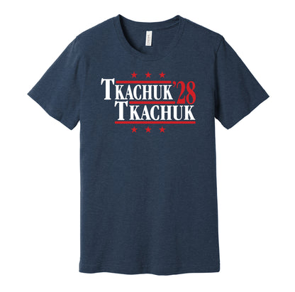 Florida Panthers retro political campaign parody navy blue t-shirt featuring Matthew Tkachuk and Brady Tkachuk '28, designed in a vintage election style by Hyper Than Hype Shirts.