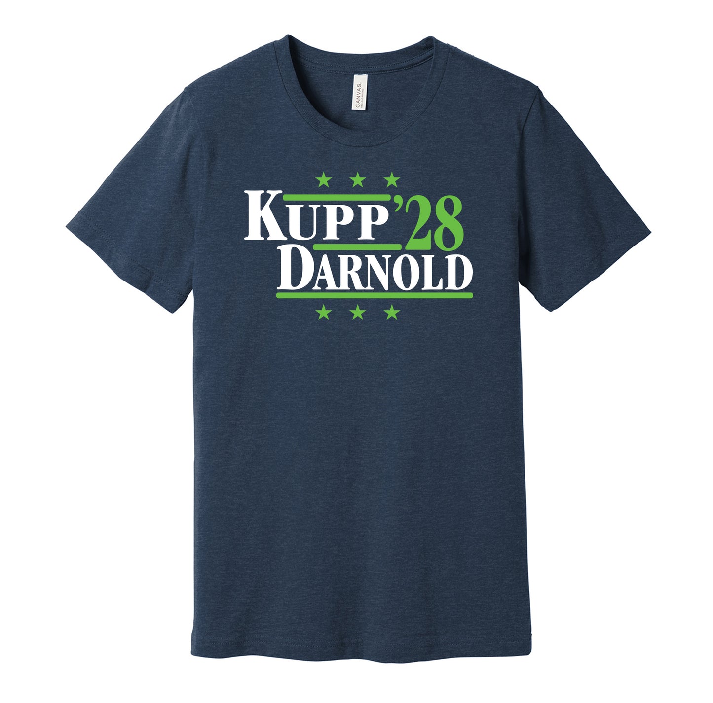 Seattle Seahawks retro political campaign parody navy t-shirt featuring Cooper Kupp and Sam Darnold '28, designed in a vintage election style by Hyper Than Hype Shirts.