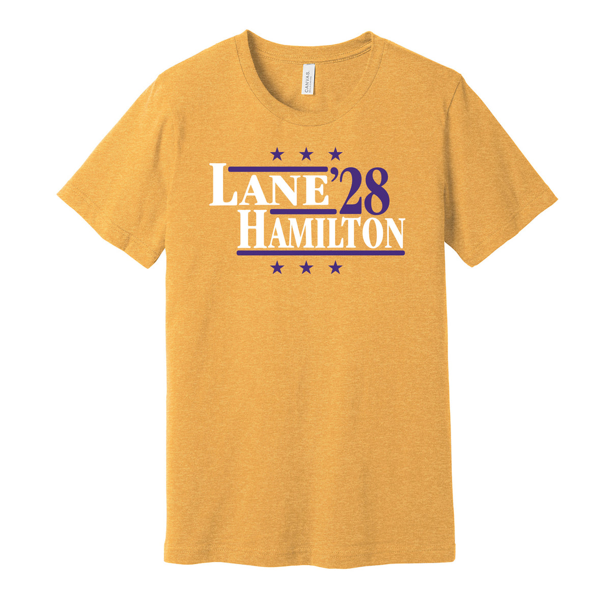 Baltimore Ravens retro political campaign parody gold t-shirt featuring Ja'Kobi Lane and Kyle Hamilton '28, designed in a vintage election style by Hyper Than Hype Shirts.