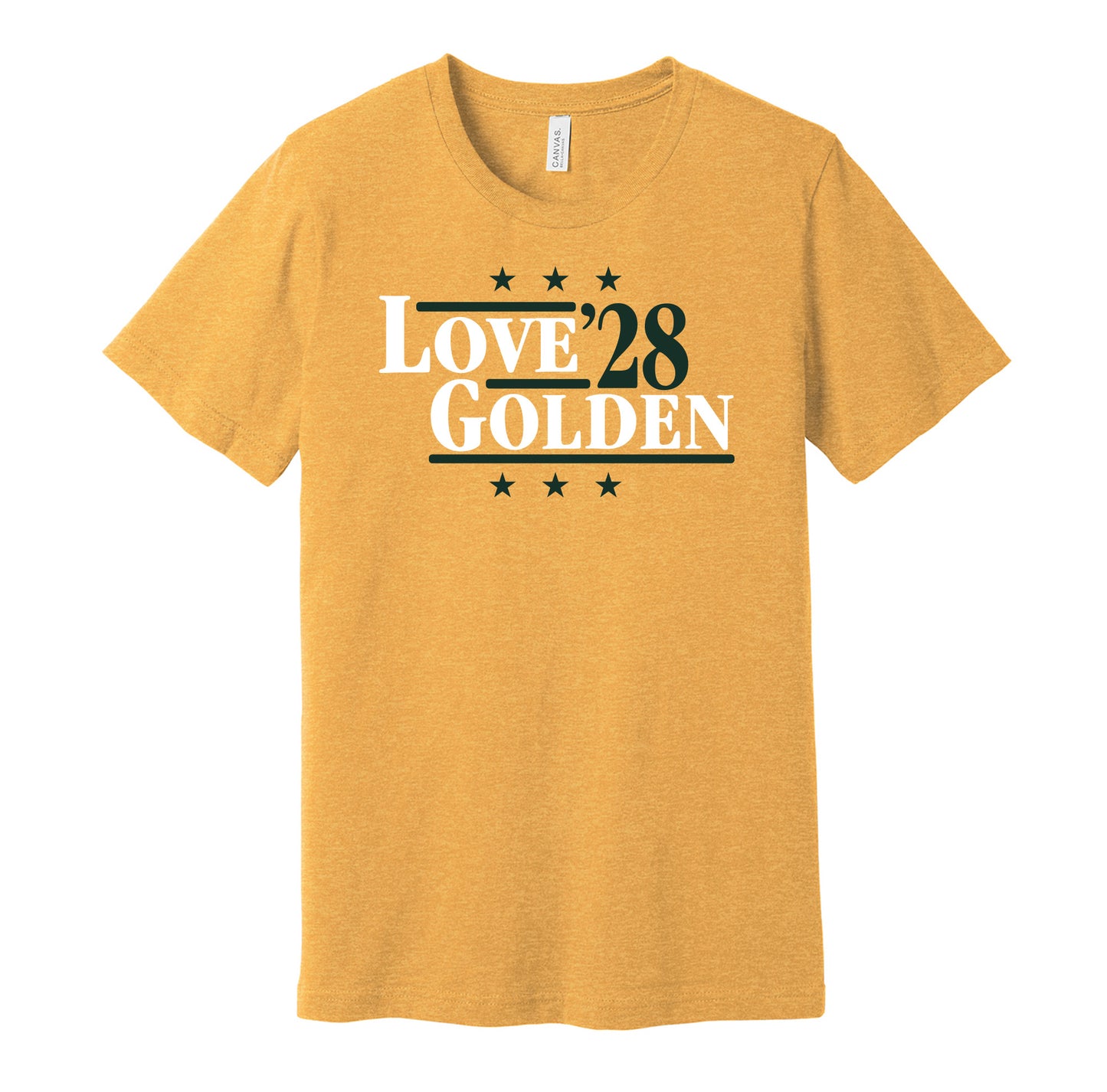 Green Bay Packers retro political campaign parody gold t-shirt featuring Jordan Love and Matthew Golden '28, designed in a vintage election style by Hyper Than Hype Shirts.