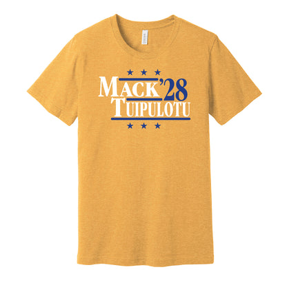 Los Angeles Chargers retro political campaign parody gold t-shirt featuring Khalil Mack and Tuli Tuipulotu '28, designed in a vintage election style by Hyper Than Hype Shirts.