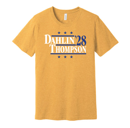 Buffalo Sabres retro political campaign parody gold t-shirt featuring Rasmus Dahlin and Tage Thompson '28, designed in a vintage election style by Hyper Than Hype Shirts.