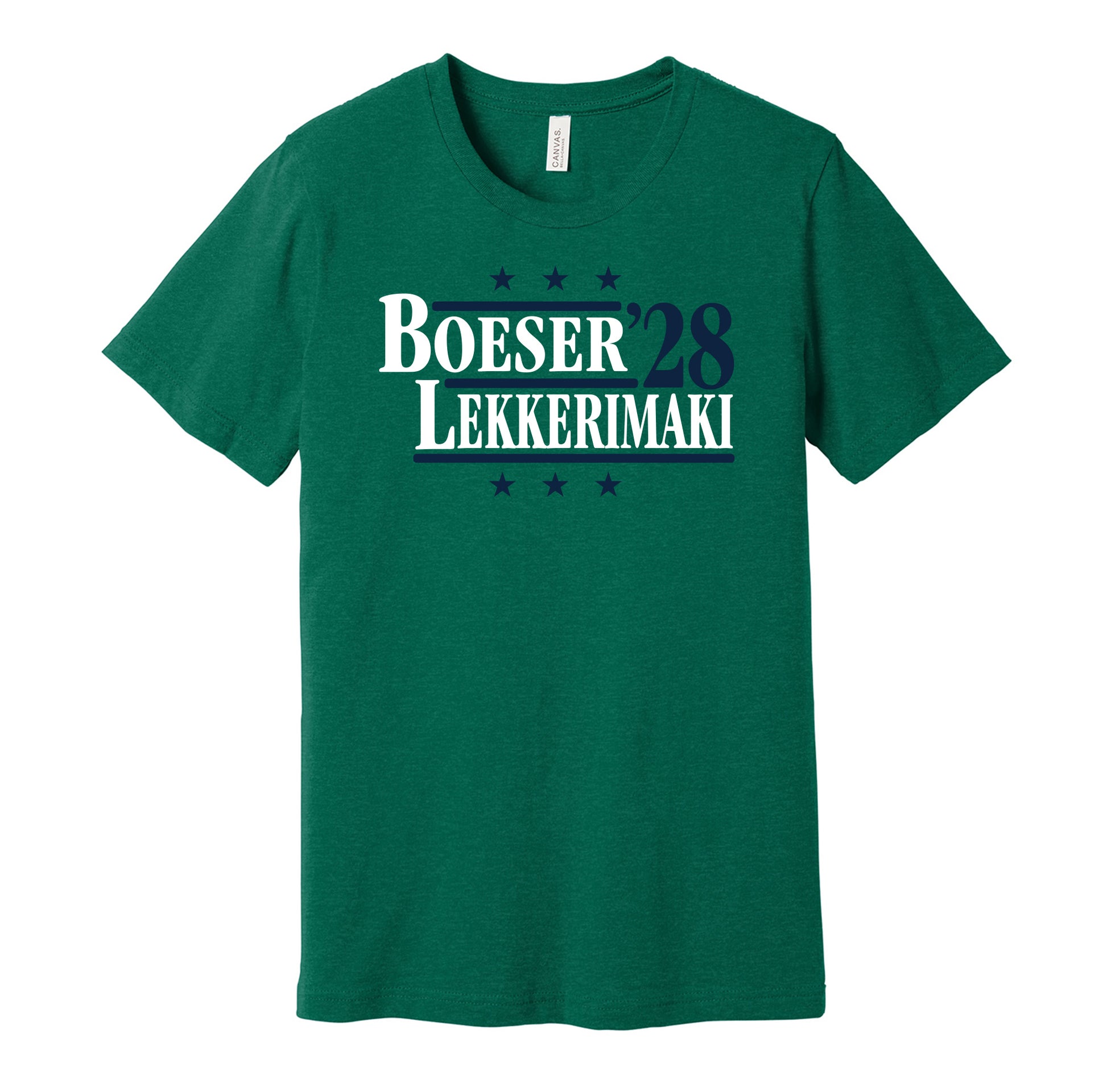 Vancouver Canucks retro political campaign parody green t-shirt featuring Brock Boeser and Jonathan Lekkerimaki '28, designed in a vintage election style by Hyper Than Hype Shirts.