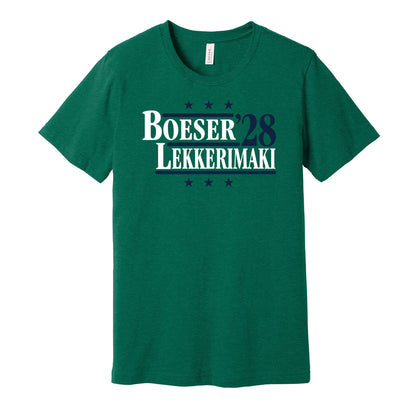 Vancouver Canucks retro political campaign parody green t-shirt featuring Brock Boeser and Jonathan Lekkerimaki '28, designed in a vintage election style by Hyper Than Hype Shirts.