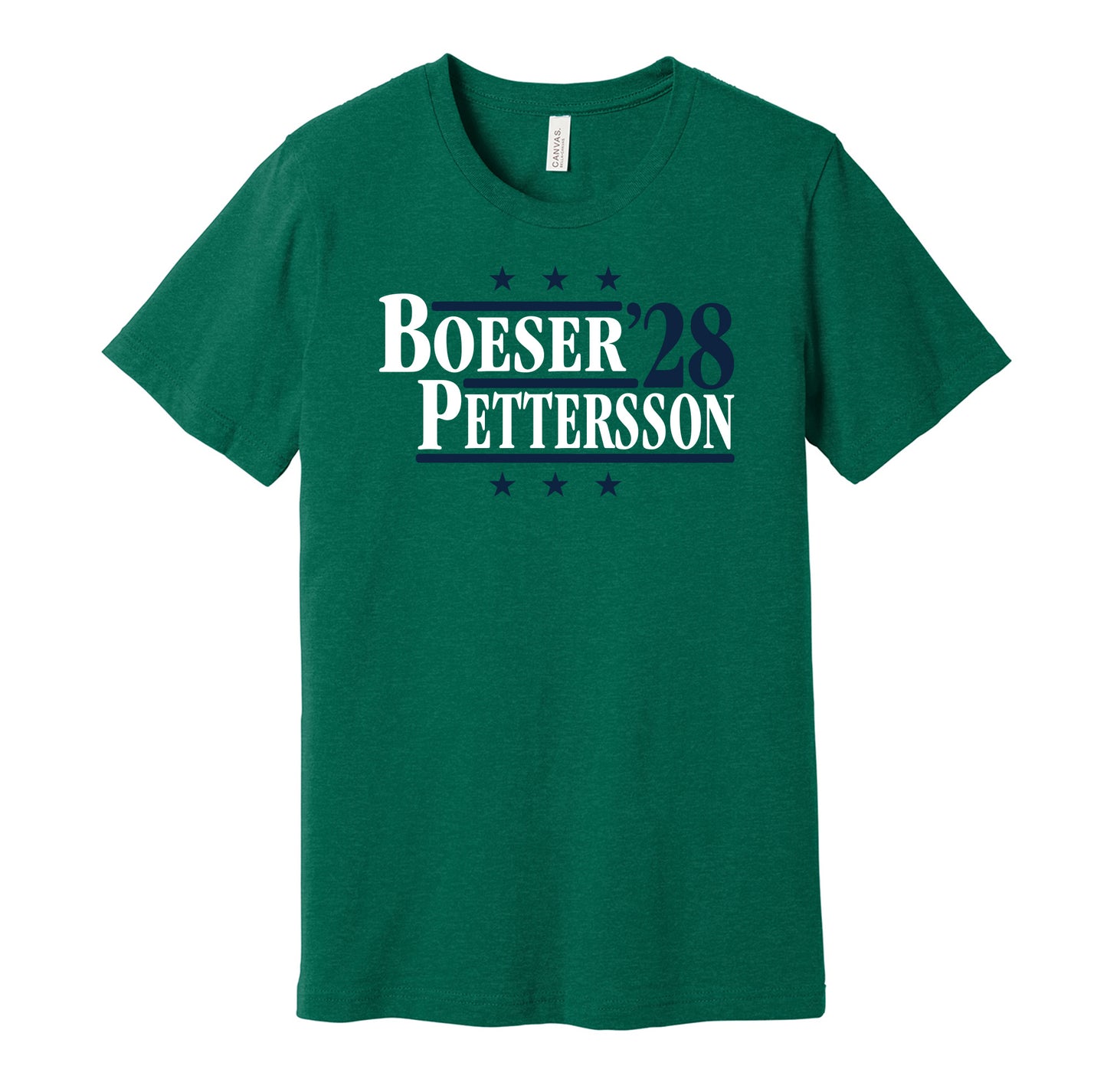 Vancouver Canucks retro political campaign parody green t-shirt featuring Brock Boeser and Elias Pettersson '28, designed in a vintage election style by Hyper Than Hype Shirts.