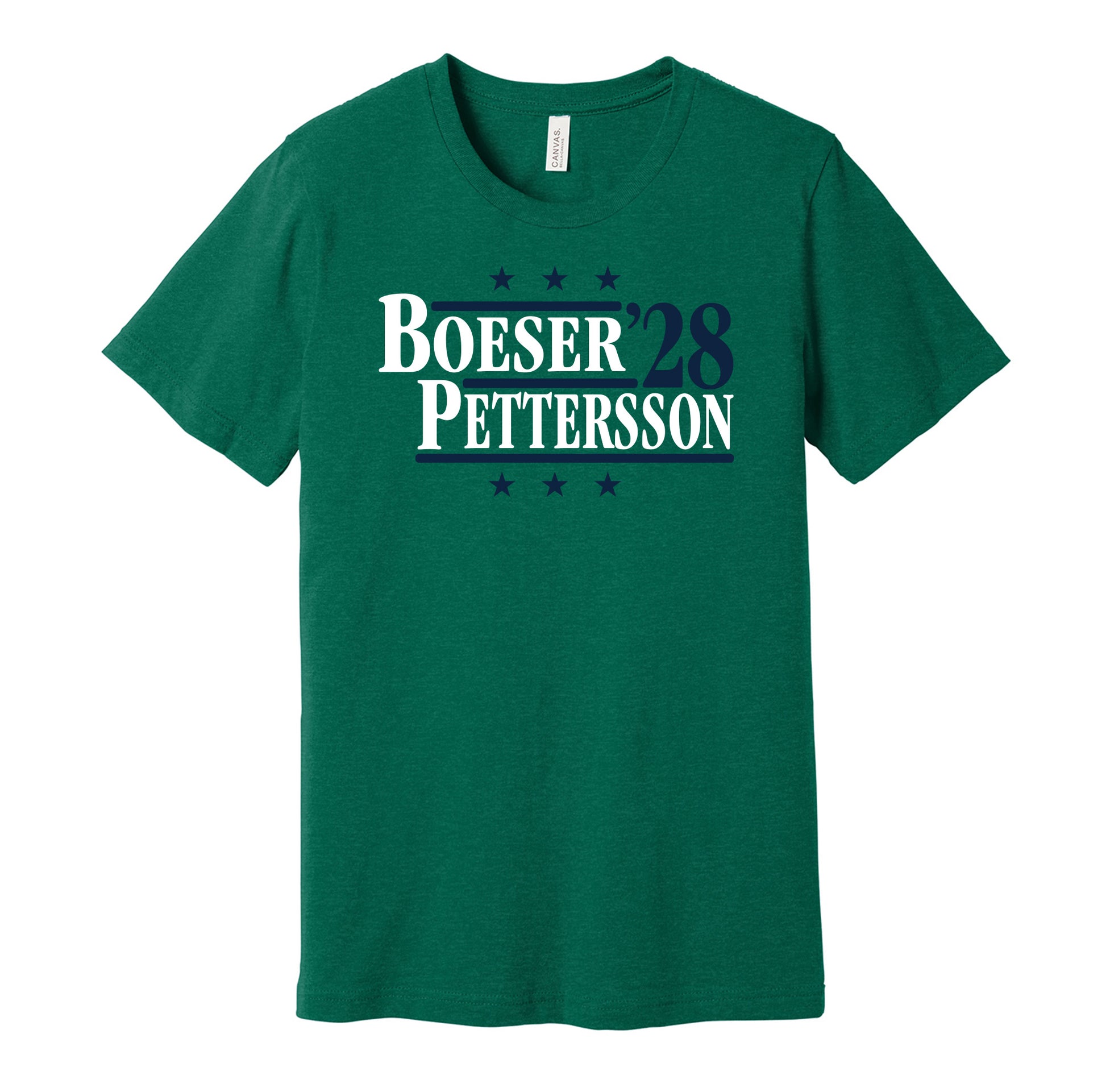 Vancouver Canucks retro political campaign parody green t-shirt featuring Brock Boeser and Elias Pettersson '28, designed in a vintage election style by Hyper Than Hype Shirts.