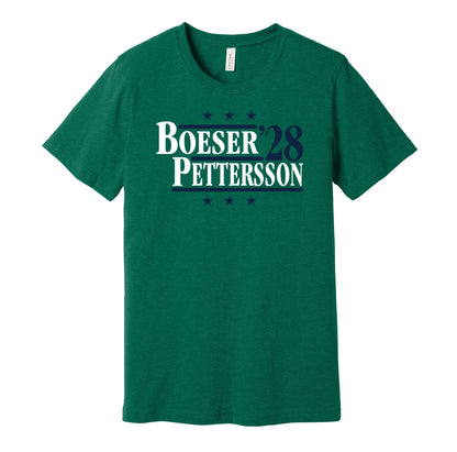 Vancouver Canucks retro political campaign parody green t-shirt featuring Brock Boeser and Elias Pettersson '28, designed in a vintage election style by Hyper Than Hype Shirts.