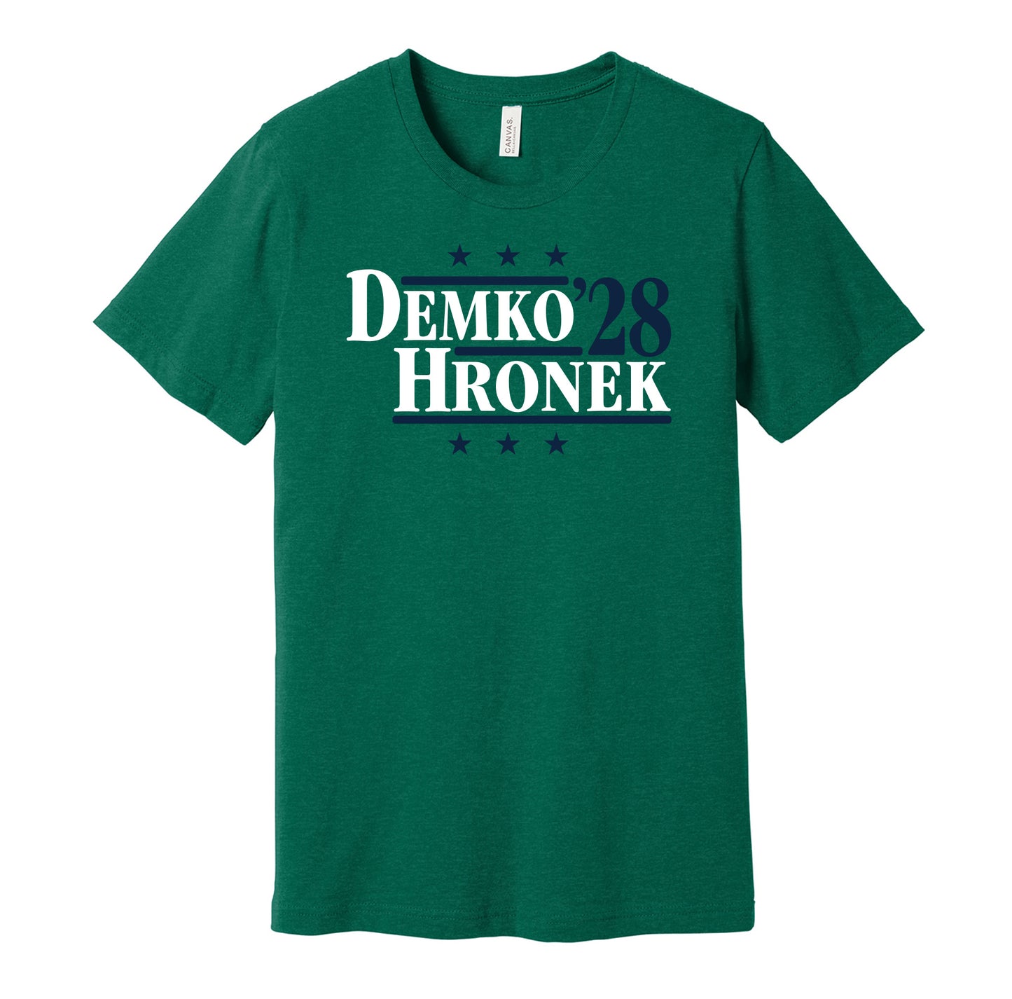 Vancouver Canucks retro political campaign parody green t-shirt featuring Thatcher Demko and Filip Hronek '28, designed in a vintage election style by Hyper Than Hype Shirts.