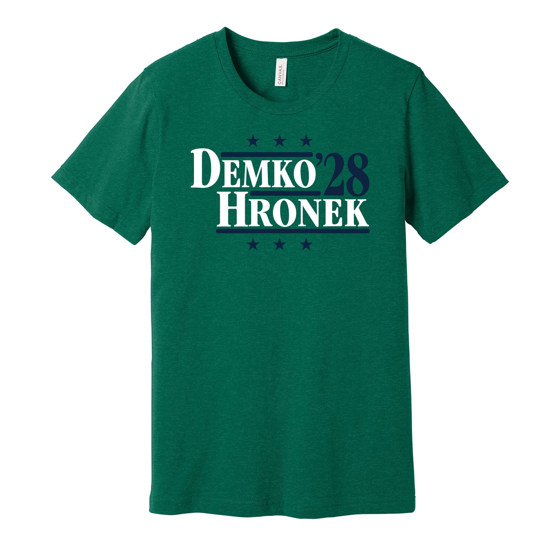 Vancouver Canucks retro political campaign parody green t-shirt featuring Thatcher Demko and Filip Hronek '28, designed in a vintage election style by Hyper Than Hype Shirts.