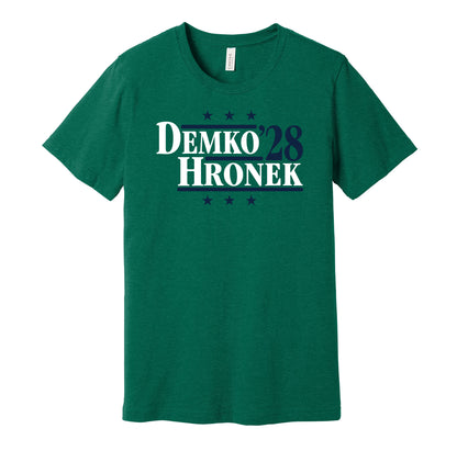 Vancouver Canucks retro political campaign parody green t-shirt featuring Thatcher Demko and Filip Hronek '28, designed in a vintage election style by Hyper Than Hype Shirts.