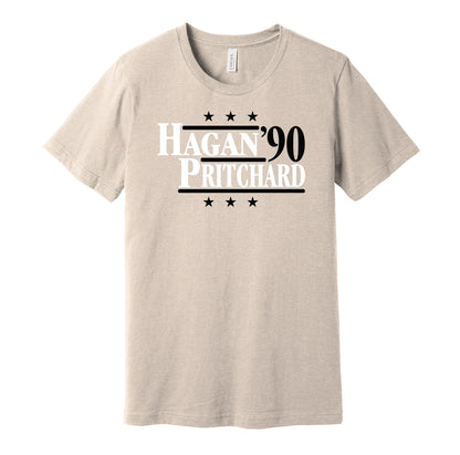Colorado Buffaloes retro political campaign gold black t-shirt featuring Darian Hagan and Mike Pritchard '90, designed in a vintage election style by Hyper Than Hype Shirts.