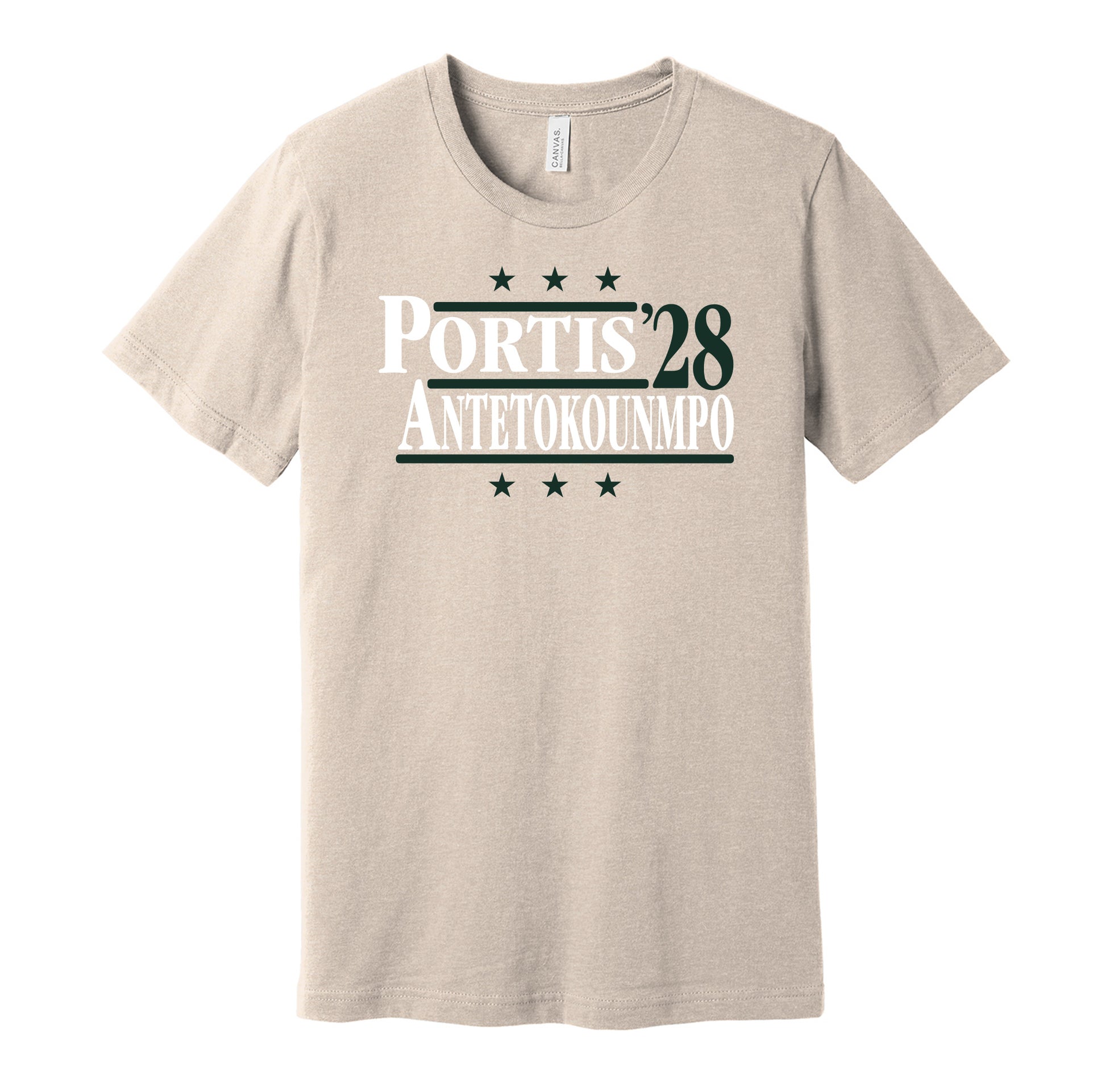 Milwaukee Bucks retro political campaign parody tan t-shirt featuring Bobby Portis and Giannis Antetokounmpo '28, designed in a vintage election style by Hyper Than Hype Shirts.