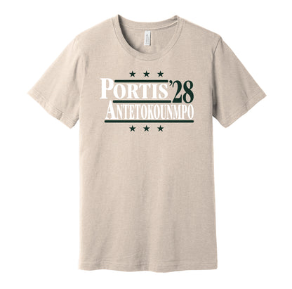 Milwaukee Bucks retro political campaign parody tan t-shirt featuring Bobby Portis and Giannis Antetokounmpo '28, designed in a vintage election style by Hyper Than Hype Shirts.