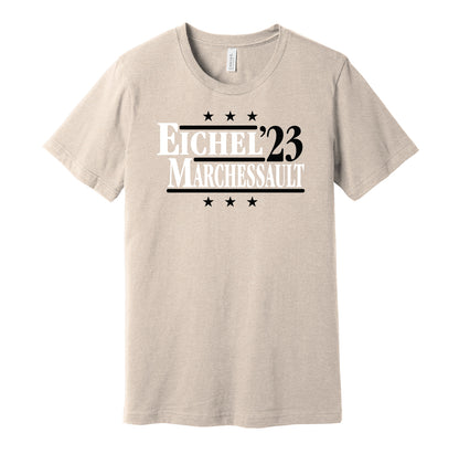 Vegas Golden Knights retro political campaign parody tan t-shirt featuring Jack Eichel and Jonathan Marchessault '23, designed in a vintage election style by Hyper Than Hype Shirts.