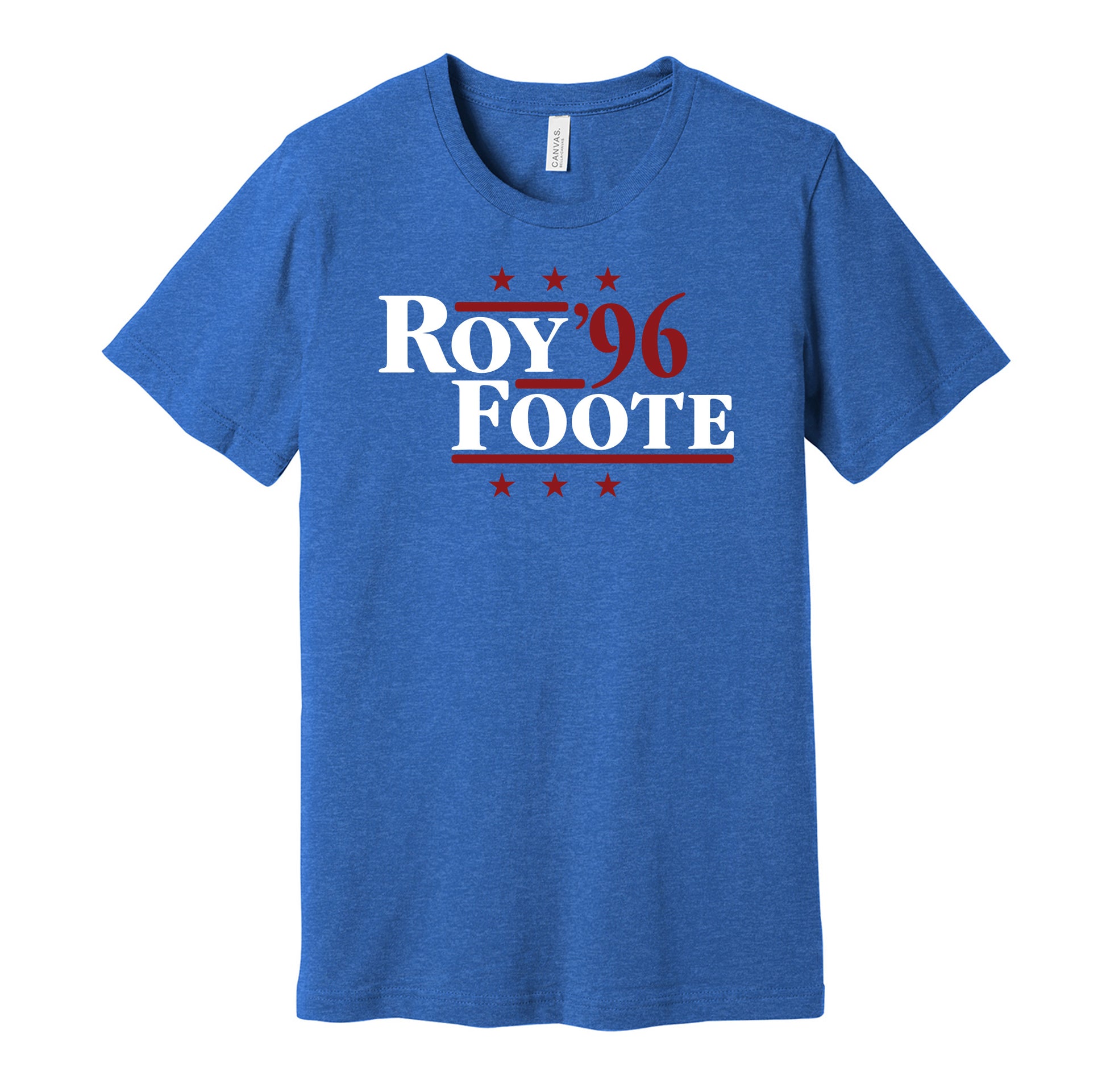 Colorado Avalanche retro political campaign parody blue t-shirt featuring Patrick Roy and Adam Foote '96, designed in a vintage election style by Hyper Than Hype Shirts.