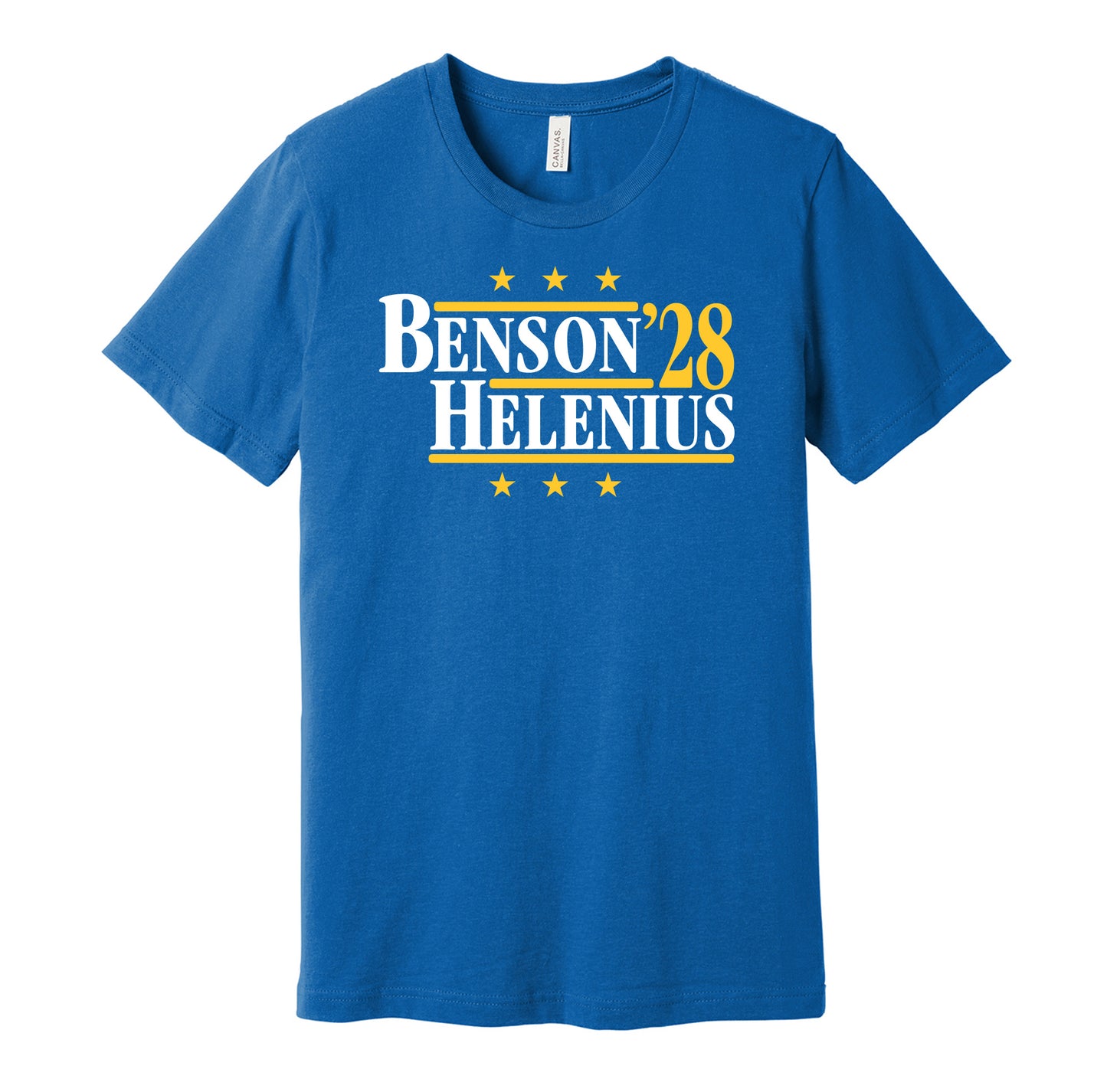 Buffalo Sabres retro political campaign parody blue t-shirt featuring Zach Benson and Konsta Helenius '28, designed in a vintage election style by Hyper Than Hype Shirts.