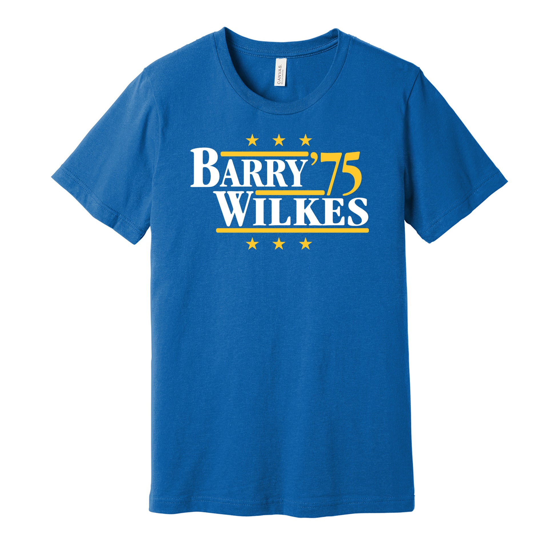 Golden State Warriors retro political campaign parody blue t-shirt featuring Rick Barry and Jamaal Wilkes '75, designed in a vintage election style by Hyper Than Hype Shirts.