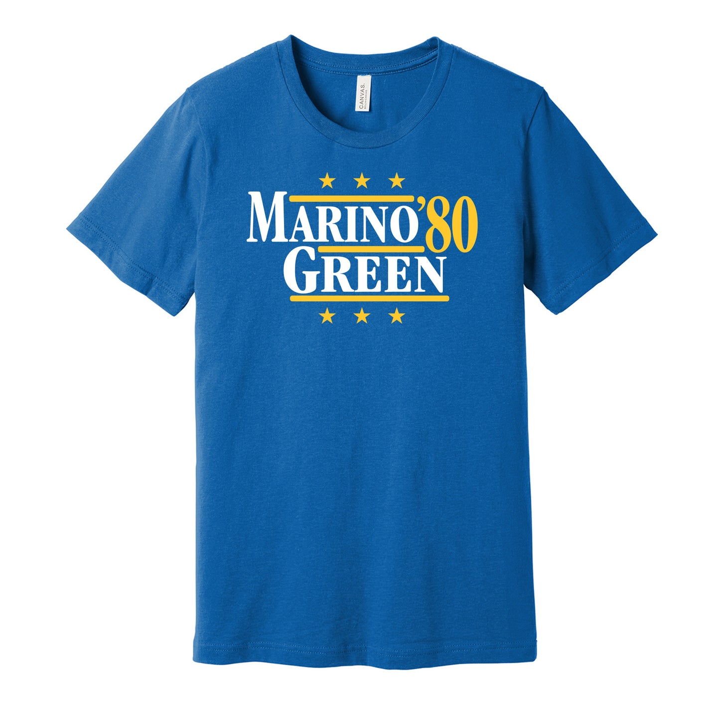 Pittsburgh Panthers retro political campaign parody blue t-shirt featuring Dan Marino and Hugh Green '80, designed in a vintage election style by Hyper Than Hype Shirts.