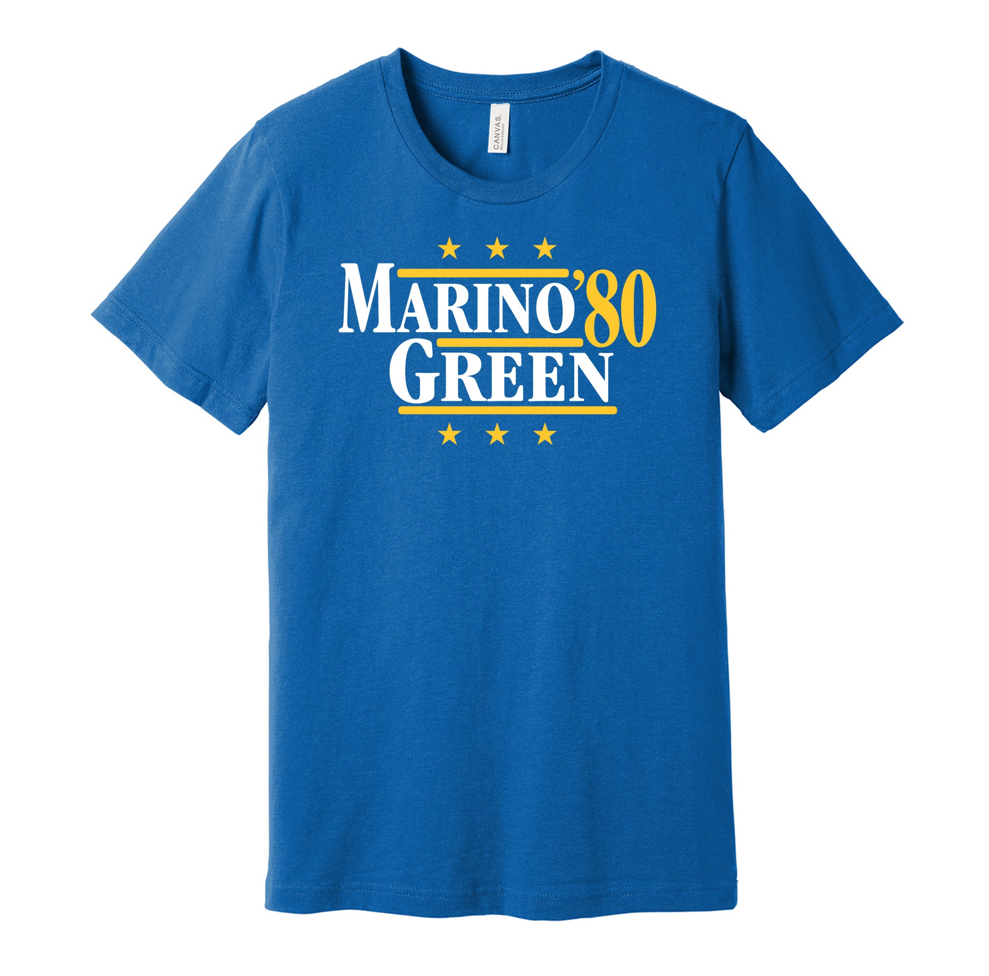 Pittsburgh Panthers retro political campaign parody blue t-shirt featuring Dan Marino and Hugh Green '80, designed in a vintage election style by Hyper Than Hype Shirts.