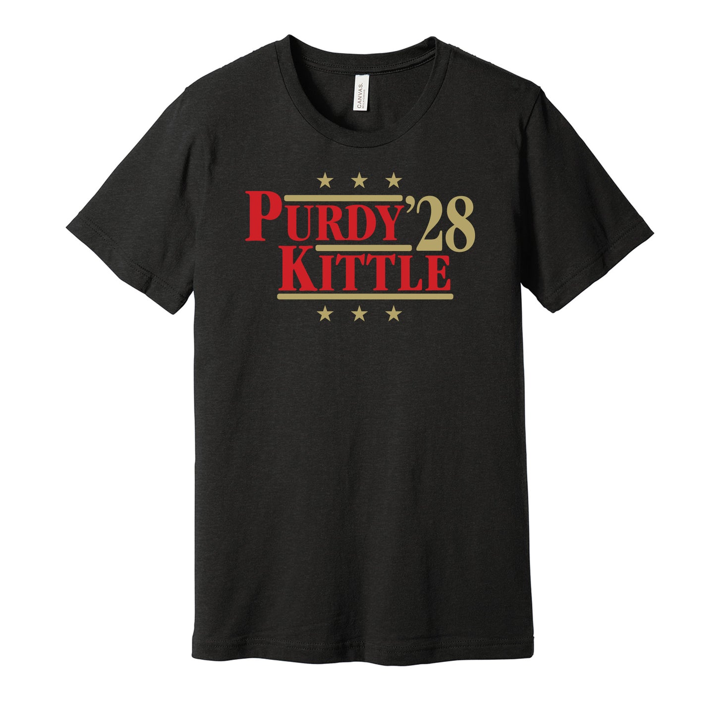 San Francisco 49ers retro political campaign parody black t-shirt featuring Brock Purdy and George Kittle '28, designed in a vintage election style by Hyper Than Hype Shirts.