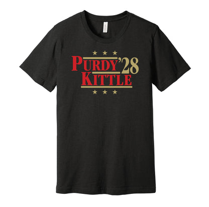 San Francisco 49ers retro political campaign parody black t-shirt featuring Brock Purdy and George Kittle '28, designed in a vintage election style by Hyper Than Hype Shirts.