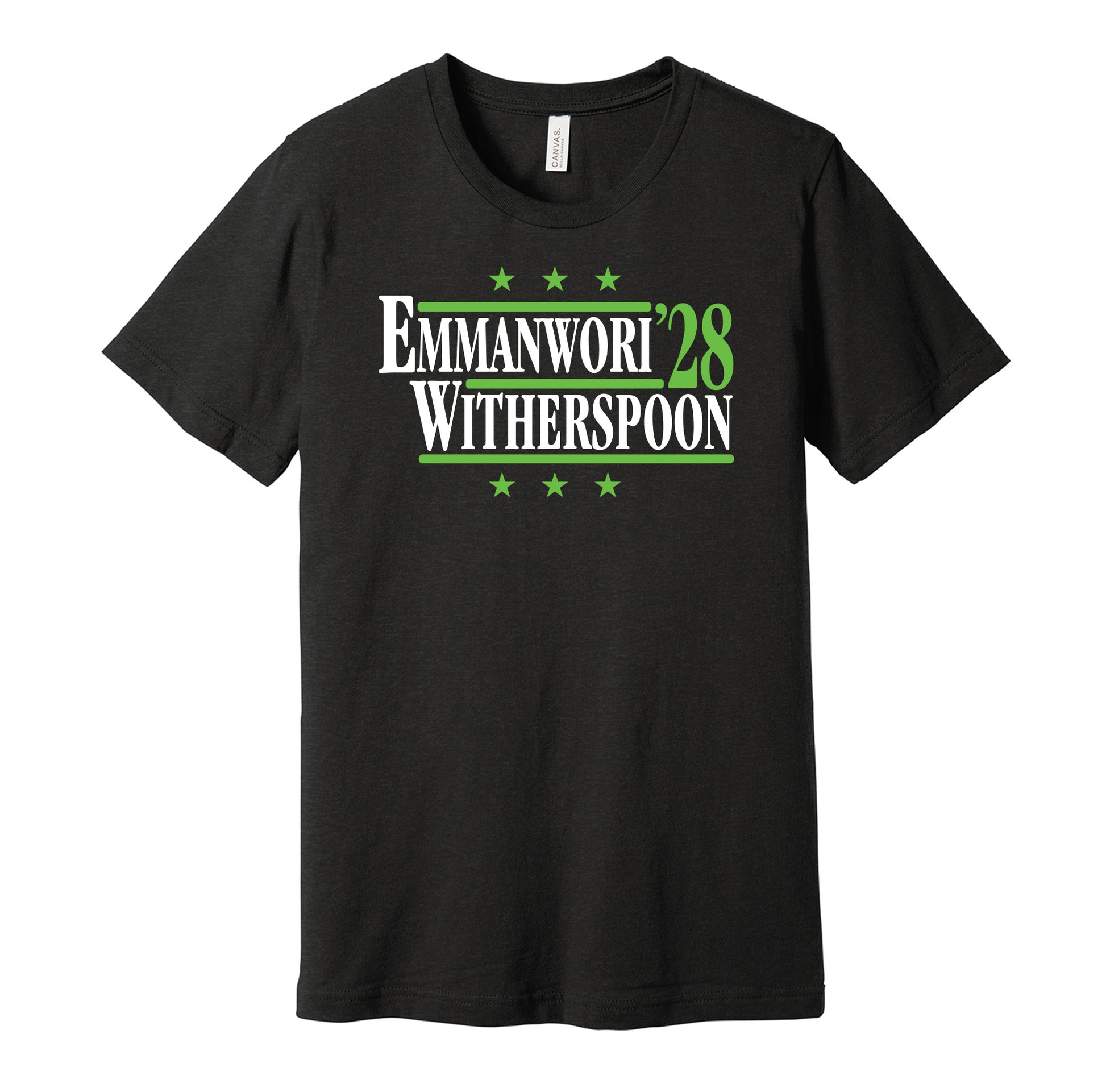 Seattle Seahawks retro political campaign parody black t-shirt featuring Nick Emmanwori and Devon Witherspoon '28, designed in a vintage election style by Hyper Than Hype Shirts.