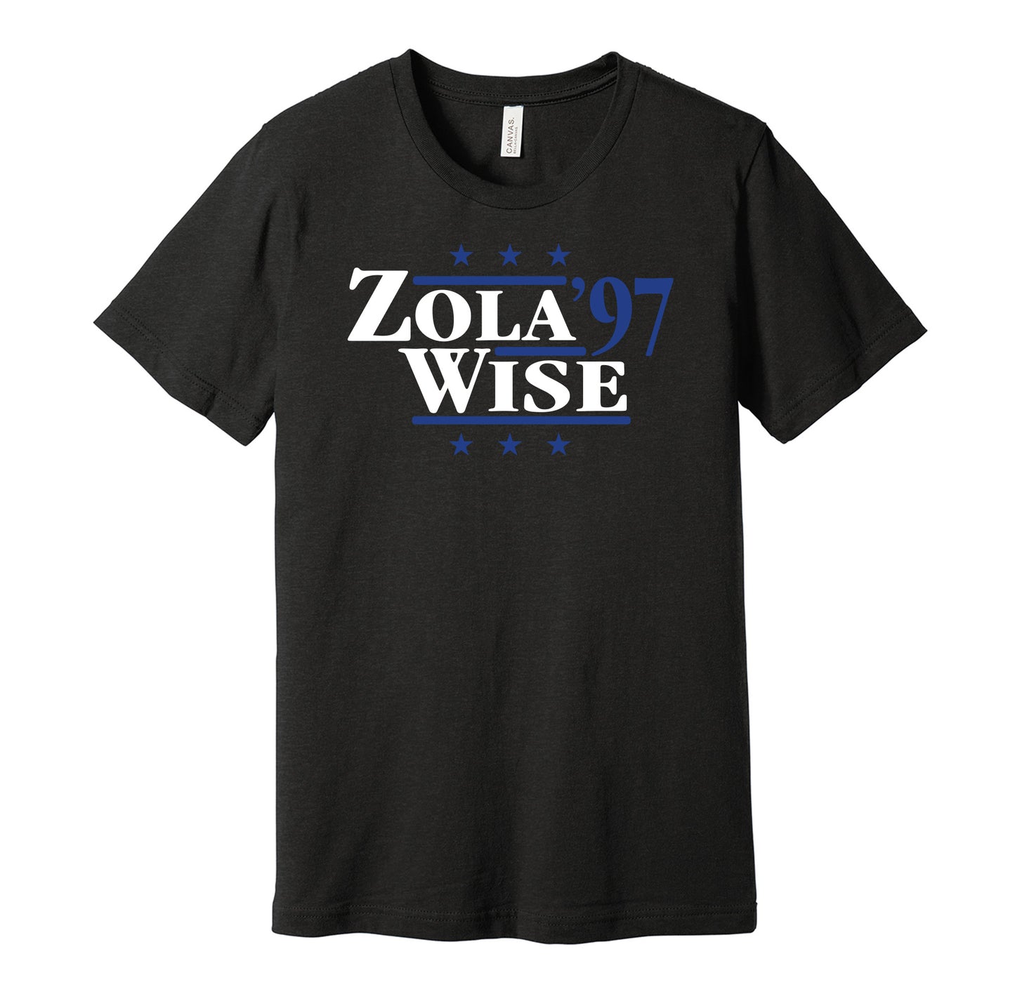 Chelsea retro political campaign parody black t-shirt featuring Gianfranco Zola and Dennis Wise '97, designed in a vintage election style by Hyper Than Hype Shirts.