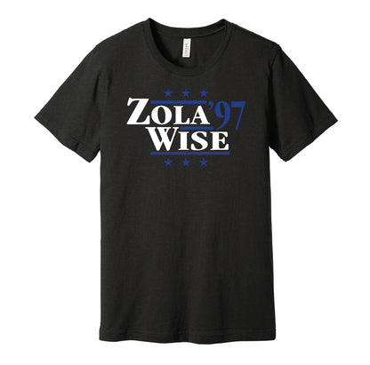Chelsea retro political campaign parody black t-shirt featuring Gianfranco Zola and Dennis Wise '97, designed in a vintage election style by Hyper Than Hype Shirts.