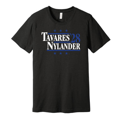 Toronto Maple Leafs retro political campaign parody black t-shirt featuring John Tavares and William Nylander '28, designed in a vintage election style by Hyper Than Hype Shirts.