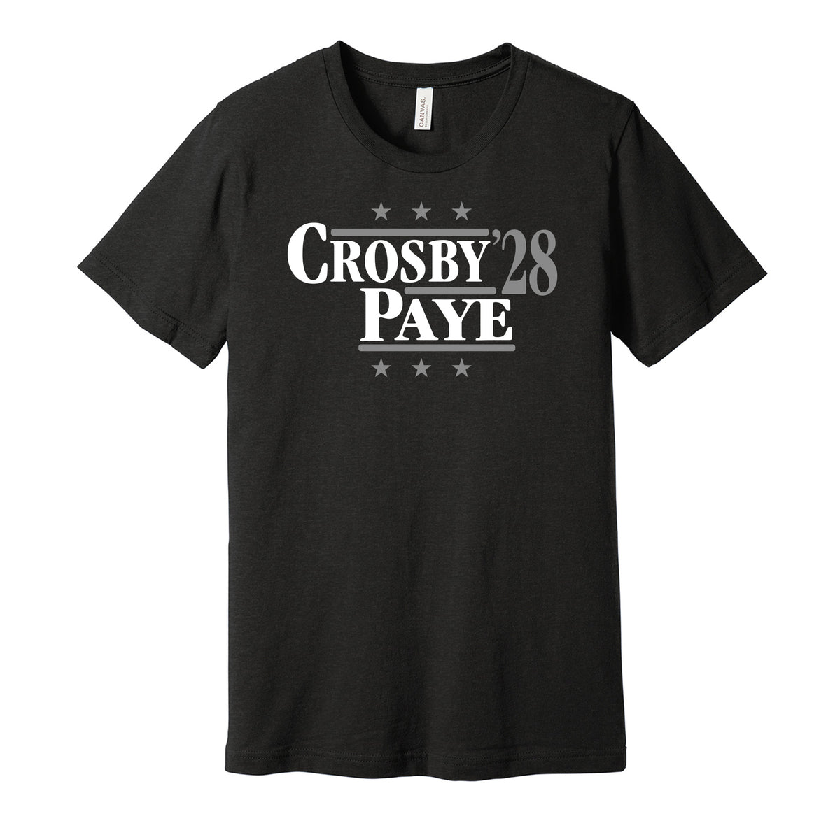 Las Vegas Raiders retro political campaign parody black t-shirt featuring Maxx Crosby and Kwity Paye '28, designed in a vintage election style by Hyper Than Hype Shirts.