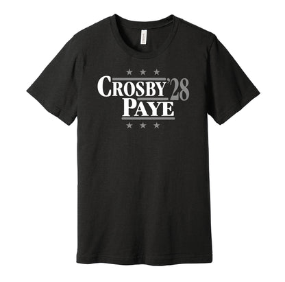 Las Vegas Raiders retro political campaign parody black t-shirt featuring Maxx Crosby and Kwity Paye '28, designed in a vintage election style by Hyper Than Hype Shirts.